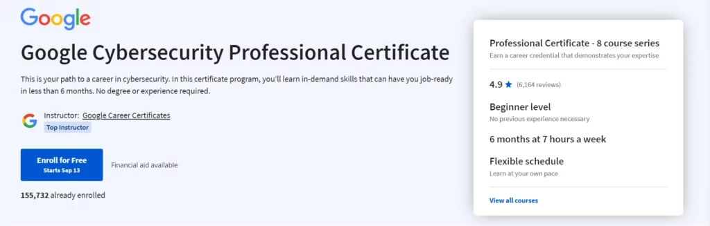 Google Cybersecurity Professional Certificate course